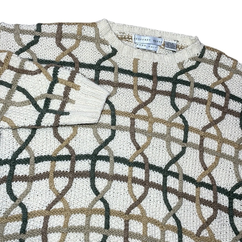 Vintage Geoffrey Beene Hand Knit Sweater Medium‎ Beige Coogi Style